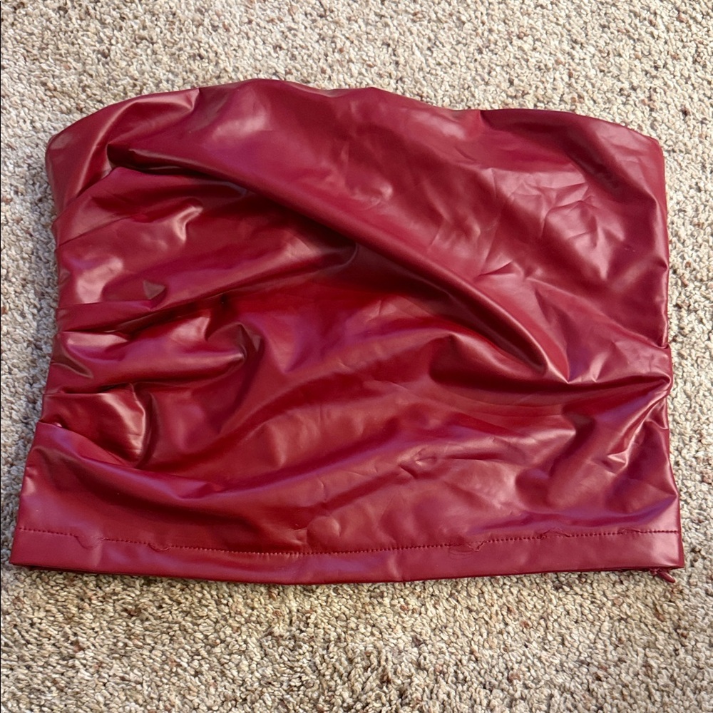 Red Strapless Faux Leather Top